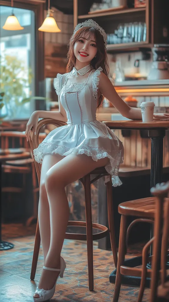 A young woman with long brown hair, wearing a white lace dress and a tiara, sits on a bar stool in a coffee shop.  She smiles at the camera, a coffee cup sits on the table beside her. The setting is warm and inviting, with wooden furniture and shelves visible in the background.  Her white shoes and delicate accessories complement her elegant attire.