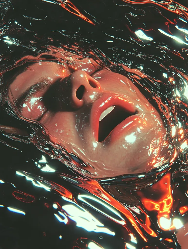 A close-up depicts a person's face submerged in a dark, viscous liquid. The liquid is iridescent, reflecting orange and red hues, giving it an almost metallic sheen. The person's mouth is open, their eyes closed, conveying a sense of distress or struggle. The image has a surreal, almost otherworldly quality, possibly digitally rendered, with a strong contrast between the skin tones and the dark, glossy liquid.  The overall mood is intense and dramatic.