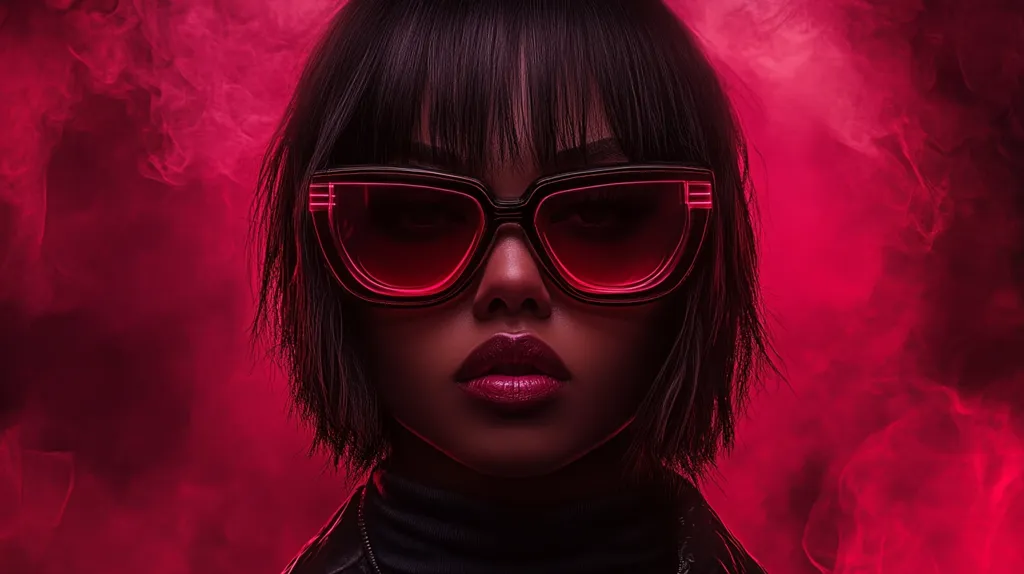 Here's a description of the image:

Close-up portrait of a young woman with dark, short hair styled with blunt bangs. She wears large, cat-eye sunglasses with bright red neon accents on the frames.  Her makeup is dramatic, featuring dark, glossy lips. The background is a hazy, crimson red, giving a smoky, atmospheric effect. The overall style is sleek, futuristic, and slightly mysterious.  The woman's expression is serious and direct, engaging the viewer with her intense gaze.