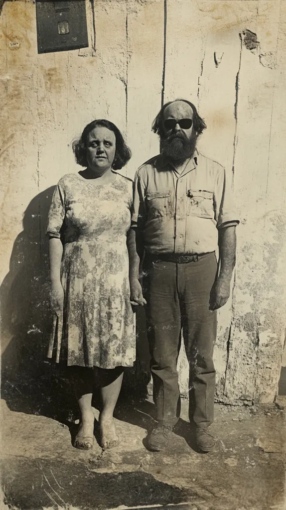 A black and white photo depicts a couple standing in front of a weathered wall.  The woman, in a light-colored, floral patterned dress, stands slightly to the left.  The man, with a beard and sunglasses, wears a light-colored shirt and dark trousers. They appear to be of middle age, and stand close together, suggesting intimacy. The photo has a vintage feel, with visible aging and texture on the surface. The background is a simple, textured wall showing signs of age and disrepair. The overall impression is one of simplicity and quiet dignity.