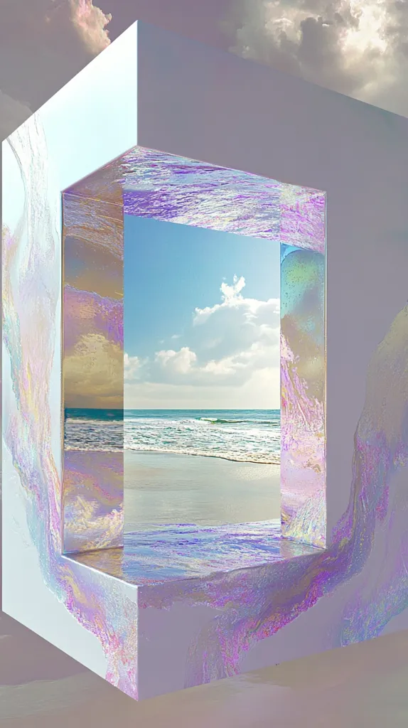 The image shows a surreal, abstract artwork. A pale, iridescent cube frames a view of a serene beach scene under a partly cloudy sky. The cube's edges appear soft and flowing, with an ethereal, painted texture that blends pastel purple, blue and white hues. The beach within the cube contrasts with the cube's dreamy quality, offering a realistic depiction of sand and ocean waves. The overall mood is peaceful and contemplative, creating a sense of a portal to a tranquil coastal paradise.