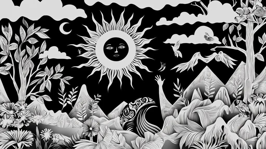 Here's a description of the image:

The artwork is a monochromatic landscape rendered in shades of black and white, with intricate linework suggesting a paper-cut style.  A stylized sun with a face dominates the center, radiating light above a fantastical scene.  Birds fly across the sky, while below,  detailed foliage, rolling hills, and a figure reaching upwards are depicted.  The style is reminiscent of Art Nouveau or folk art, creating a dreamlike and slightly surreal atmosphere.  The overall effect is one of whimsical detail and peaceful, almost mystical, imagery.