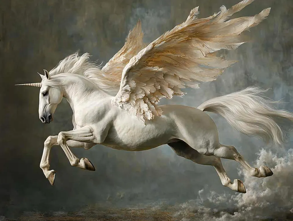Here's a description of the image:

The image depicts a majestic, white winged unicorn in mid-leap against a muted, grey-brown background.  Its long, flowing mane and tail billow behind it, adding to the sense of motion.  The unicorn’s large, feathered wings are outstretched, suggesting effortless flight.  The overall style is painterly and fantastical, conveying a sense of grace and ethereal beauty.  The muted background contrasts with the bright white of the unicorn, emphasizing its prominent features.