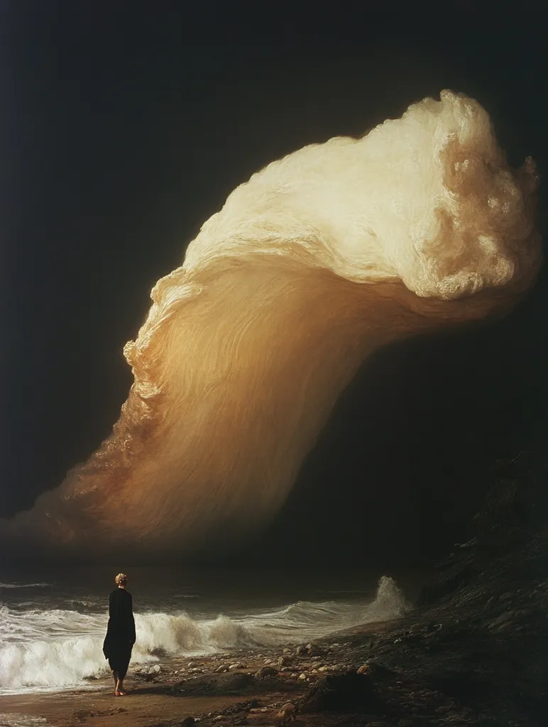 A solitary figure in dark clothing stands on a rocky beach, gazing at a colossal, swirling cloud formation looming over the turbulent sea. The cloud, rendered in warm, golden hues, resembles a massive wave about to break.  The dark, almost ominous sky and the dramatic lighting create a sense of awe and impending change, emphasizing the smallness of the human figure against the vastness of nature. The overall mood is one of sublime mystery and impending drama.