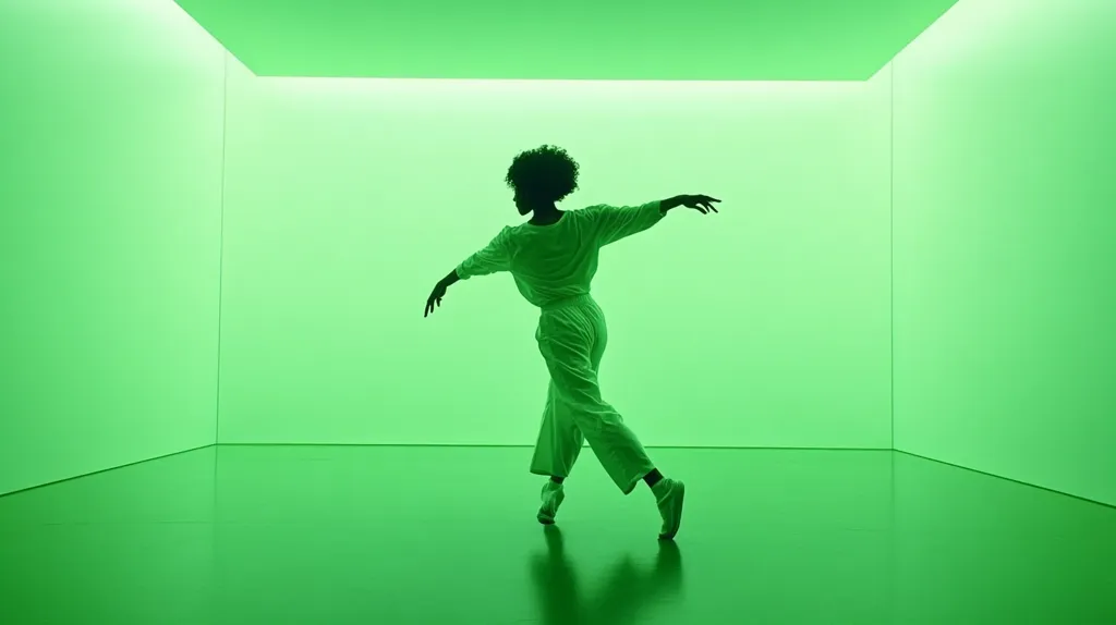 Here's a description of the image:

The photograph shows a silhouetted Black woman in a loose-fitting, light-colored jumpsuit, poised mid-dance in a bright green room.  Her arms are extended, suggesting movement and grace. The space is minimalist, with clean lines and a uniformly lit green backdrop and floor, creating a stark contrast against her dark figure. The overall effect is one of serenity and artistic expression. The image’s focus is on the dancer’s form and the vibrant, saturated green environment.
