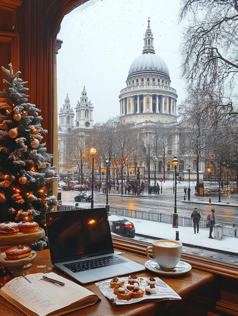 Here's a description of the image:

A cozy indoor scene unfolds before a large window overlooking a snow-dusted London street.  St. Paul's Cathedral dominates the view, its dome gleaming under a soft, gray sky.  A snow-covered Christmas tree sits beside a laptop, open notebook, and steaming cup of coffee on a wooden table.  Pastries are arranged on plates nearby, adding to the festive ambiance. The scene is tranquil and inviting, capturing the charm of a snowy London Christmas.
