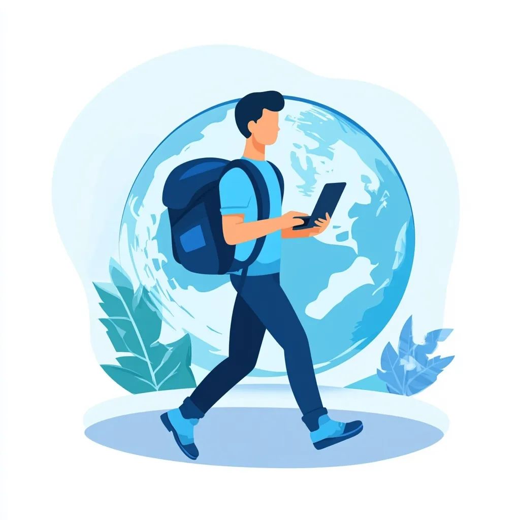 Here's a description of the image:

The illustration shows a young man, depicted in a stylized, almost cartoonish manner, walking towards the right of the frame. He carries a backpack and holds a laptop, suggesting travel or remote work. Behind him, a large, stylized image of the Earth acts as a backdrop, emphasizing a global context. The overall color scheme is cool, with shades of blue dominating. The style is simplistic, flat vector graphics, focusing on clean lines and minimal details. Surrounding the central figure are small, stylized leaves, adding a touch of nature. The image suggests themes of travel, technology, and global connectivity.