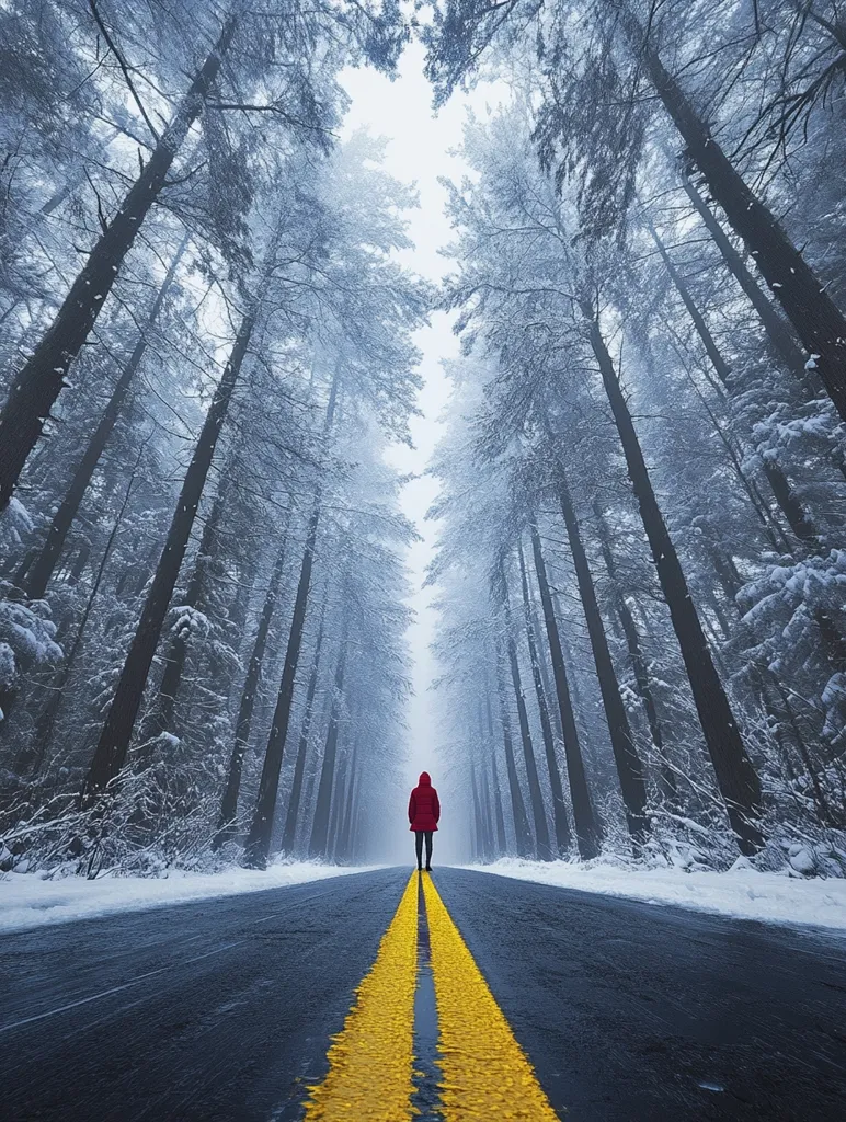 A lone figure in a red hooded jacket stands in the middle of a snow-covered road, which is bordered by tall, snow-laden pine trees. The trees form a tunnel-like effect, leading to a hazy, distant end. The road features a bright yellow double line. The overall atmosphere is serene yet slightly mysterious, with a cool color palette dominated by blues and whites of the winter landscape. The image evokes a sense of solitude and journey.