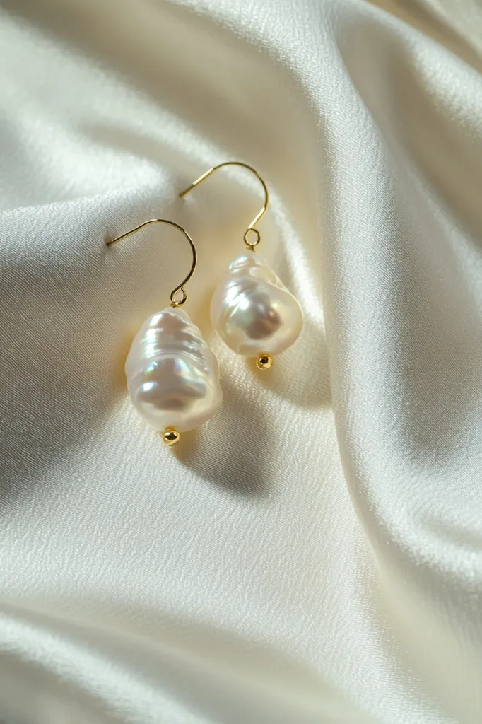 Here's a description of the image:

A close-up shot showcases a pair of elegant earrings resting on a creamy, silk-like fabric.  The earrings feature large, irregular baroque pearls, each with a unique, lustrous sheen and subtle iridescent highlights.  They're suspended from delicate gold-toned hoops, subtly catching the light. The soft folds of the fabric create a luxurious backdrop, highlighting the beauty and sophistication of the pearl earrings. The overall aesthetic is minimalist yet luxurious.