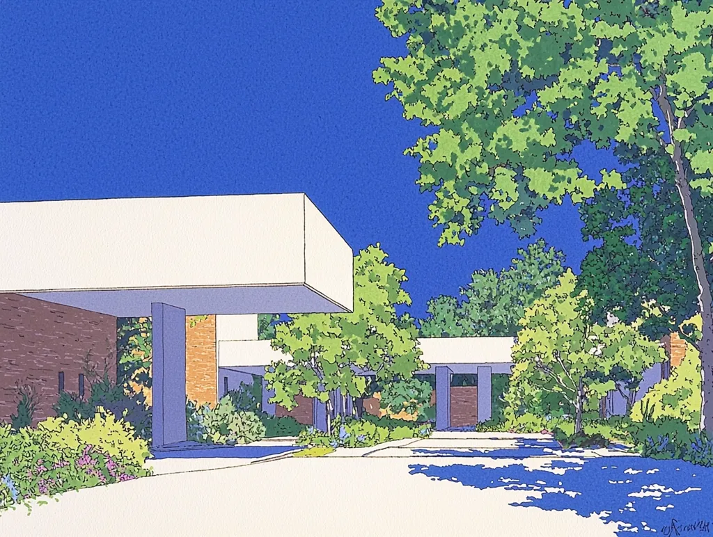 Here's a description of the image:

The artwork depicts a tranquil scene of modern architecture nestled amongst lush greenery under a vibrant blue sky.  The focal point is a low, flat-roofed building with a projecting canopy, rendered in muted earth tones and crisp white. Lush green trees and vibrant shrubs surround the structure, casting dappled shadows on a paved driveway leading to the building's entrance. The style is reminiscent of mid-century modern design with a clean, almost graphic aesthetic, suggesting a serene and peaceful setting. The overall effect is one of calm and sophisticated simplicity.