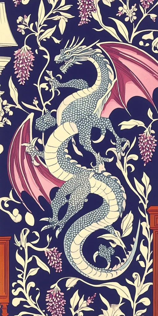 Here's a description of the image:

The image is a detailed close-up of a stylized wallpaper or textile design.  The dominant feature is a light-blue and cream-colored dragon, intricately detailed with scaled skin, perched amidst flourishing, Art Nouveau-inspired floral motifs. The dragon's wings are a rich burgundy-pink, contrasting with the dark navy blue background. The flowers are predominantly pale cream and mauve, adding a soft touch to the otherwise dramatic design. The overall style is reminiscent of vintage or antique wallpaper patterns, suggesting a blend of elegance and fantasy. A small portion of what appears to be dark wood paneling is visible on the right and left edges of the frame.