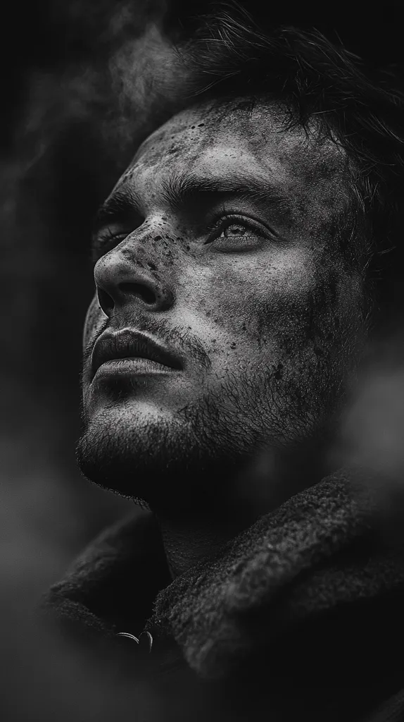 Here's a description of the image:

A black and white close-up portrait captures a man's face, heavily coated in dark grime or dirt, possibly suggesting a post-battle or strenuous physical activity scenario. His gaze is directed upward, conveying a sense of contemplation or weariness.  The texture of the dirt is sharply contrasted against the soft shadows and highlights on his face, emphasizing his strong facial features. His expression is one of quiet resilience, his beard slightly shadowed. The overall mood is somber and dramatic, heightened by the dark, moody background.  He is dressed in dark, textured clothing, which blends with the background.
