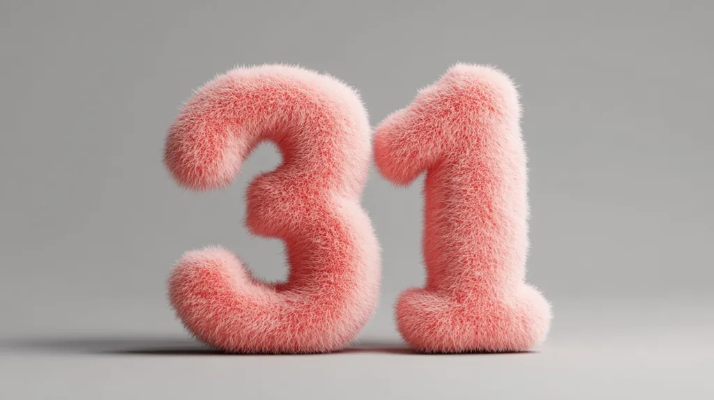 Here's a description of the image:

The image shows the numbers 31 rendered in a fluffy, light pink, fur-like texture.  The numbers are three-dimensional and stand against a plain, light gray background. The style is playful and soft, suggesting a childlike or whimsical aesthetic.  The lighting is even, preventing harsh shadows and highlighting the texture of the numbers. The overall impression is one of gentle texture and a simple, visually appealing composition.