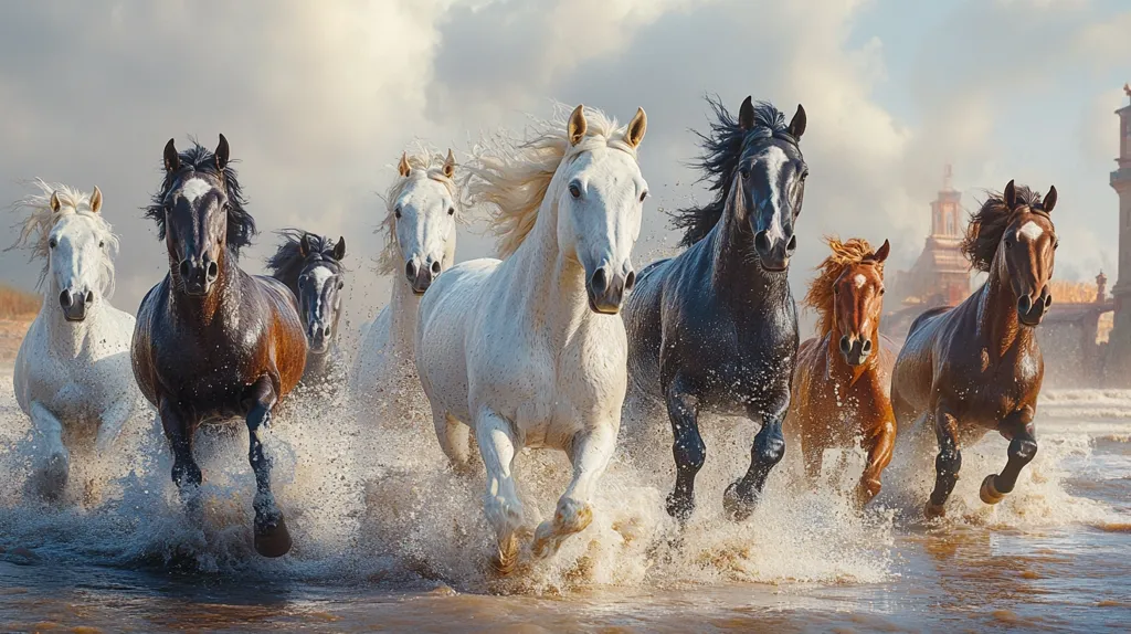 A breathtaking scene of a herd of eight horses galloping through shallow water.  The horses are a variety of colors—white, black, brown, and a dark bay—their manes and tails flying as they run.  The water splashes around their legs, creating a dynamic and energetic image. In the background, a hazy coastline and a distant structure are visible, adding depth to the composition. The overall mood is one of freedom and wild beauty.