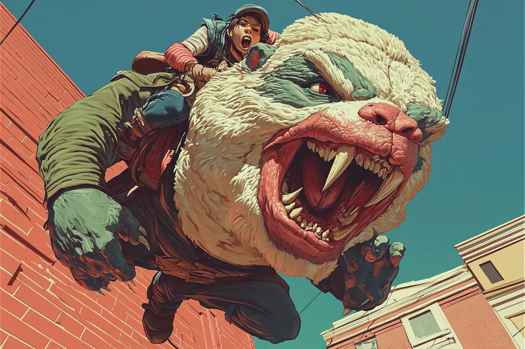 A stylized illustration depicts a young woman riding a monstrous, snarling creature through a city.  The creature is predominantly white and cream-colored with patches of green and a ferocious, red-pink mouth filled with sharp teeth.  The woman, wearing a striped shirt and cap, appears fearless, clinging to the creature's back. The background features a red brick building and a peach-colored building in the distance under a bright blue sky.  The overall style is vibrant and slightly surreal.