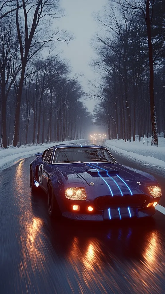 A sleek, dark-blue classic muscle car with neon blue stripes speeds down a snow-covered road lined with bare winter trees.  The headlights illuminate the wet asphalt, creating streaks of light. A hazy twilight sky adds to the moody atmosphere. The scene is evocative of a nighttime drive through a wintry landscape, with a sense of speed and isolation. The car appears futuristic, yet classic in its design.