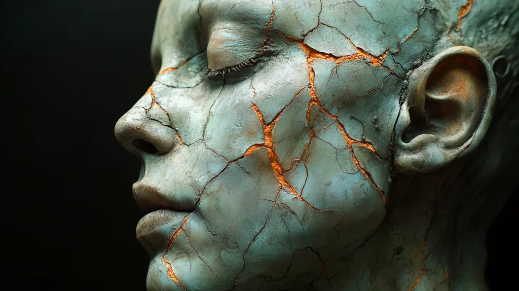 The image shows a close-up of a sculpted human face, seemingly made of clay or stone. The surface is textured and cracked, with deep fissures running across the cheeks, forehead, and around the eyes and mouth.  The cracks are filled with an orange-brown pigment, contrasting with the teal-green base color. The subject's eyes are closed, and the overall effect is one of age, fragility, and perhaps even suffering or decay. The background is dark and out of focus, drawing attention to the intricate detail of the sculpted face.