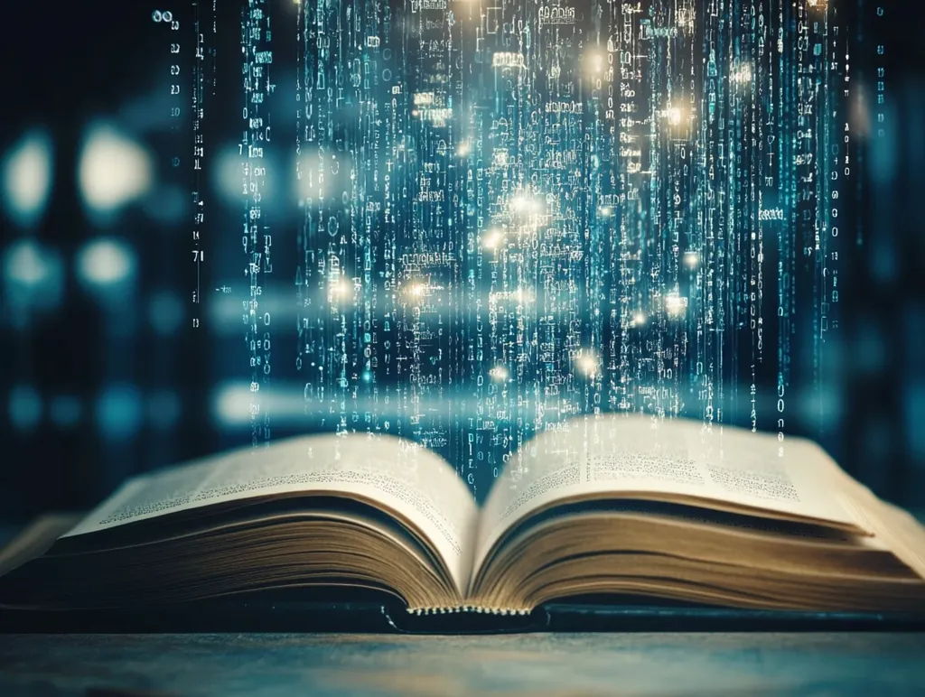 An open, antique book rests on a dark surface.  Above it, a digital rain of glowing code cascades, blurring the line between the physical and digital realms.  The image evokes a sense of mystery and the merging of traditional knowledge with modern technology.  The dark background enhances the ethereal glow of the digital text falling onto the pages, suggesting a transfer or transformation of information.