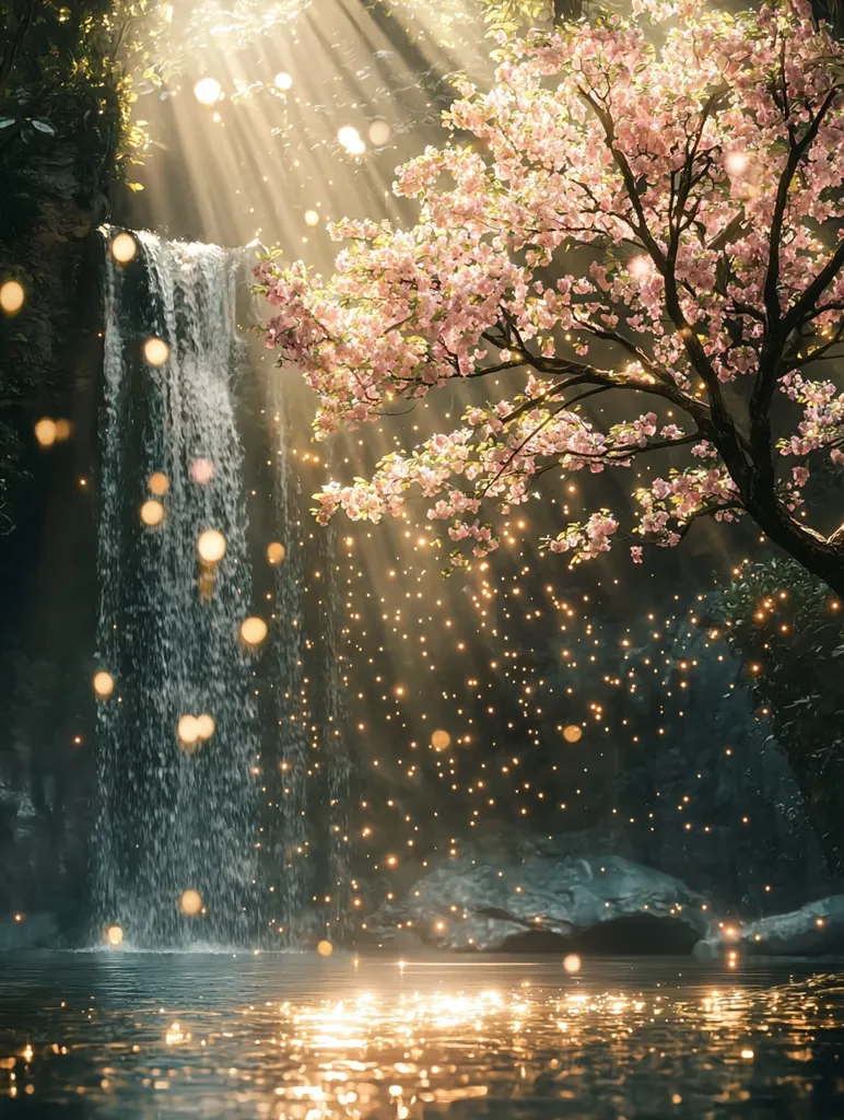 Here is a description of the image:

A digitally created image depicts a serene waterfall cascading into a pool of water.  A cherry blossom tree, laden with delicate pink flowers, stands to the right, bathed in golden sunlight streaming through the surrounding foliage.  The scene is ethereal, with numerous glowing particles resembling fireflies or fairy lights floating in the air and shimmering on the water's surface, creating a magical ambiance.  The overall mood is peaceful and enchanting.