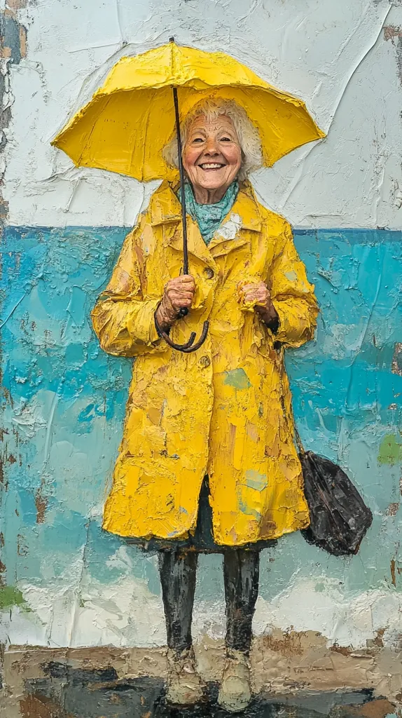 The painting depicts an elderly woman, radiating joy, standing under a bright yellow umbrella against a textured teal and white background suggestive of a seaside scene.  She wears a vibrant yellow raincoat, dark leggings, and shoes, and carries a dark handbag. The impasto style of the artwork gives the piece a three-dimensional feel, emphasizing the woman's cheerful expression and the texture of her clothing and the setting. The overall mood is optimistic and bright.