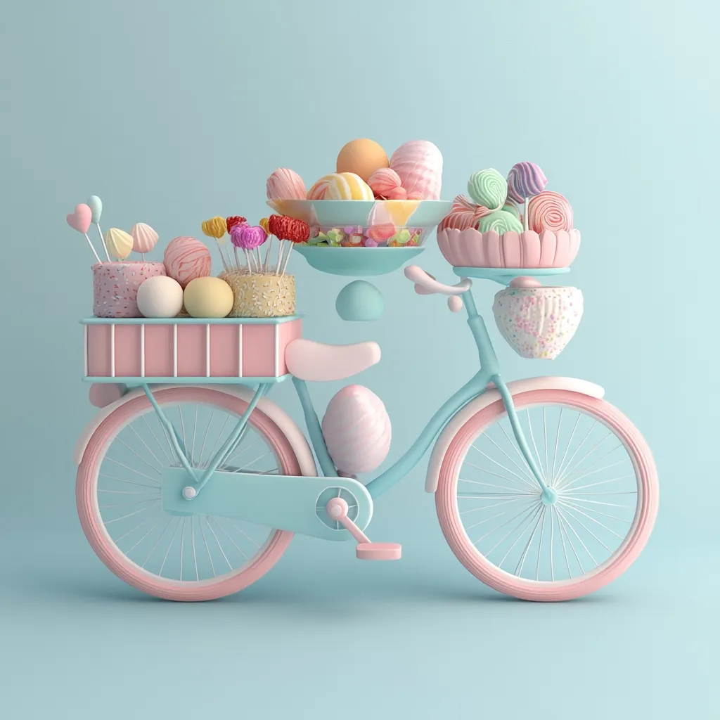 A pastel-blue bicycle is laden with an assortment of colorful sweets.  A pink basket carries cake pops and pastel-colored eggs.  A bowl overflowing with macarons and other candies sits on the handlebars.  Additional sweets are perched on the bicycle's frame. The overall scene is whimsical and evokes a feeling of lightheartedness and sweetness. The background is a matching light blue.
