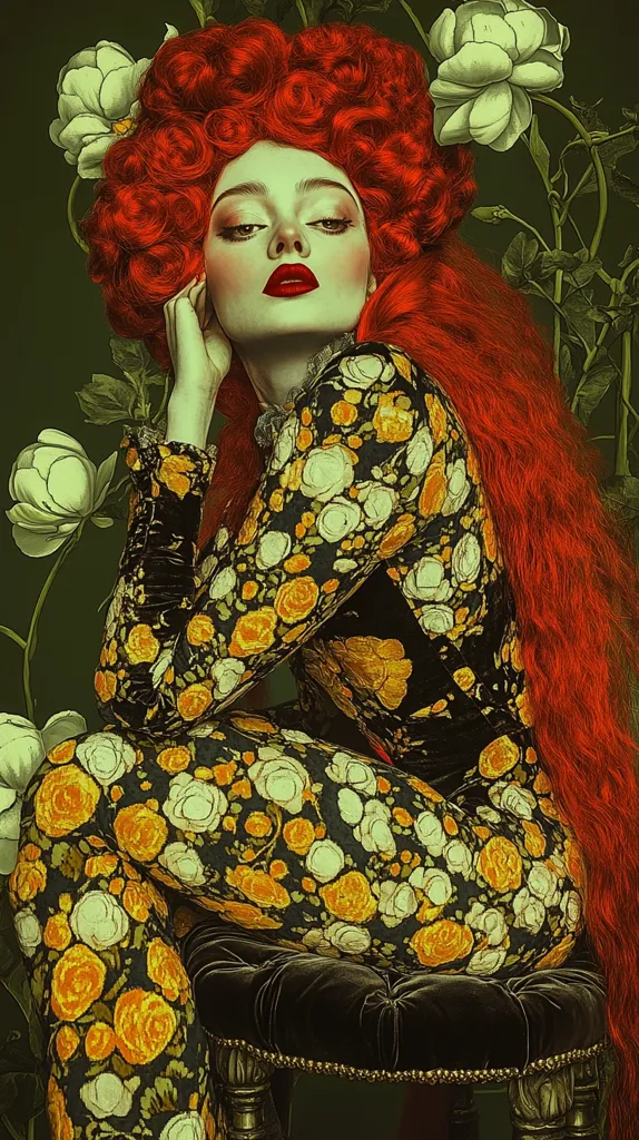 A woman with vibrant red, voluminous hair styled in a large, elaborate updo sits against a dark green background. She's wearing a form-fitting, dark jumpsuit patterned with yellow and off-white roses.  Her makeup is dramatic, featuring a bold red lip.  She rests her hand on her cheek, gazing languidly at the viewer. The background features large, stylized white and green flowers, creating a lush, almost painterly effect.  The overall style is reminiscent of Baroque portraiture.