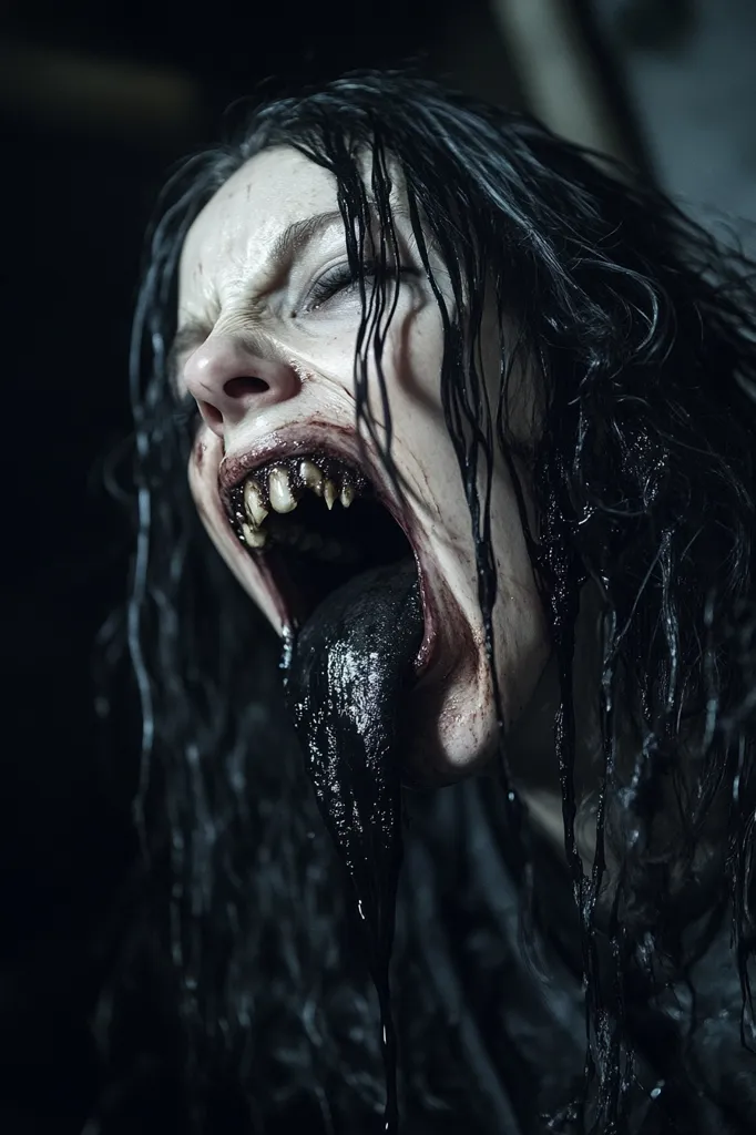 Here's a description of the image:

The close-up shot features a woman with long, dark, wet hair, her face contorted in a horrific grimace.  Her mouth is wide open, revealing sharpened teeth and a long, black, viscous substance dripping from her tongue.  The substance appears to coat her face and hair.  Her skin is pale and marred with what looks like blood or dark staining, adding to the overall gruesome effect. The dark, moody background emphasizes the unsettling nature of the subject. The overall impression is one of horror and intense unease.