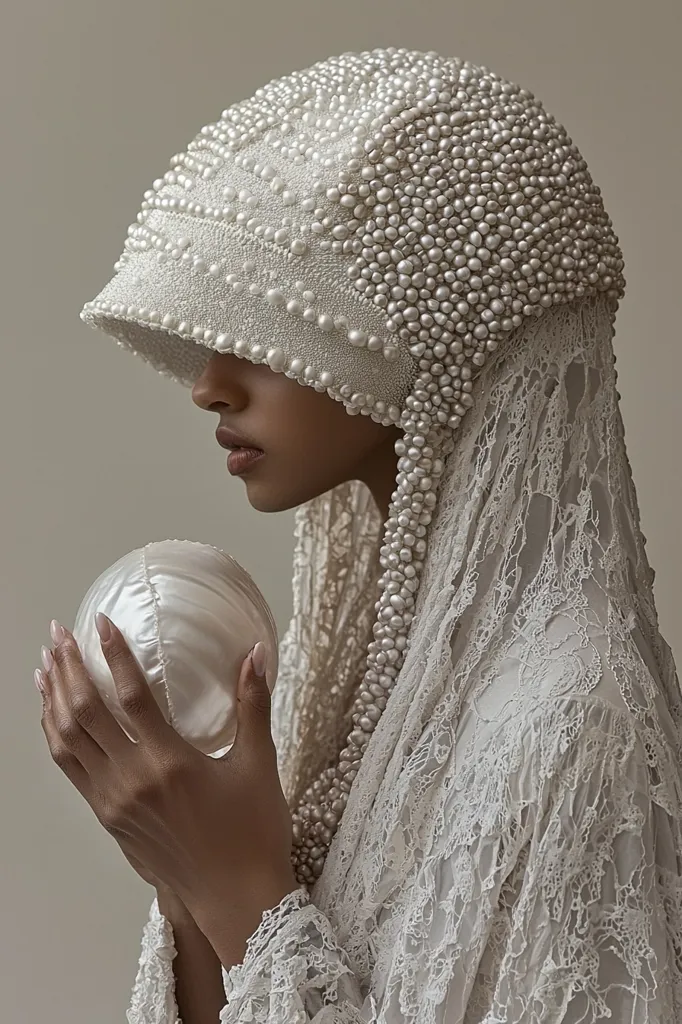 Here's a description of the image:

The photograph showcases a woman in profile, her face partially obscured by an elaborate headpiece.  The headpiece is a stunning creation of off-white fabric densely embellished with pearls, cascading into a long, sheer lace veil that drapes down her body.  She holds a smooth, pearly orb in her hands, echoing the headpiece's texture and color.  The overall aesthetic is one of elegance, mystery, and a subtle ethereal quality, with a muted color palette enhancing the delicate details.  The image's soft lighting and neutral background draw attention to the intricate craftsmanship of the clothing and accessories.