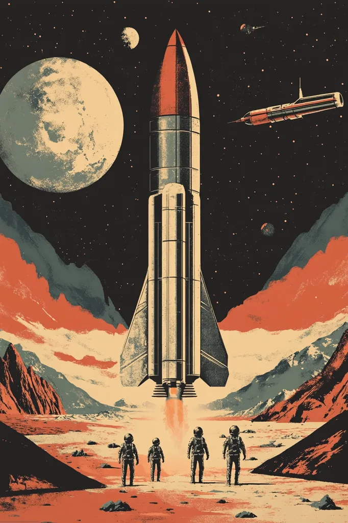 A retro-styled illustration depicts a rocket descending towards a Martian-like landscape.  Three astronauts in vintage space suits await its arrival.  A large, textured moon and a smaller spacecraft hang in the dark, starry sky above a rusty, mountainous terrain. The color palette is predominantly warm oranges, reds, and creams, creating a vintage science fiction aesthetic. The image evokes a sense of exploration and adventure.