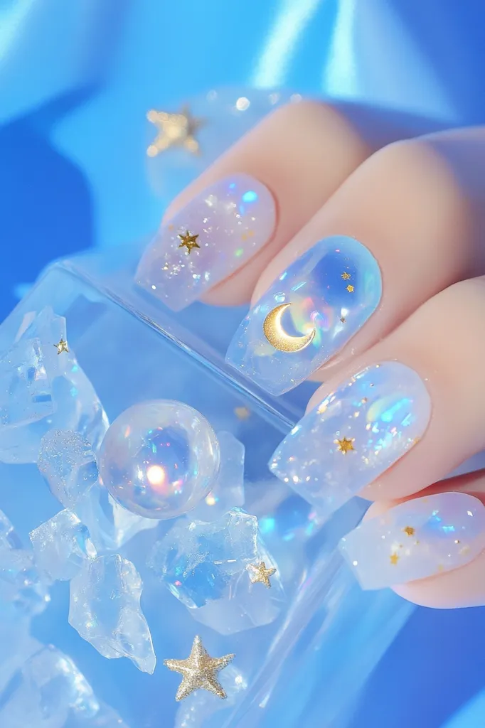 Here's a description of the image:

Close-up view of a hand showcasing a pastel blue nail design.  Each nail is adorned with a light blue, iridescent polish, speckled with tiny gold stars and featuring a larger gold crescent moon on one nail.  The nails are long and have a slightly squared-off shape.  The hand rests on a clear container filled with similarly iridescent, light-blue, crystal-like fragments and small spheres, enhancing the dreamy, celestial theme. The background is a soft, blurred blue.  The overall aesthetic is whimsical and feminine.