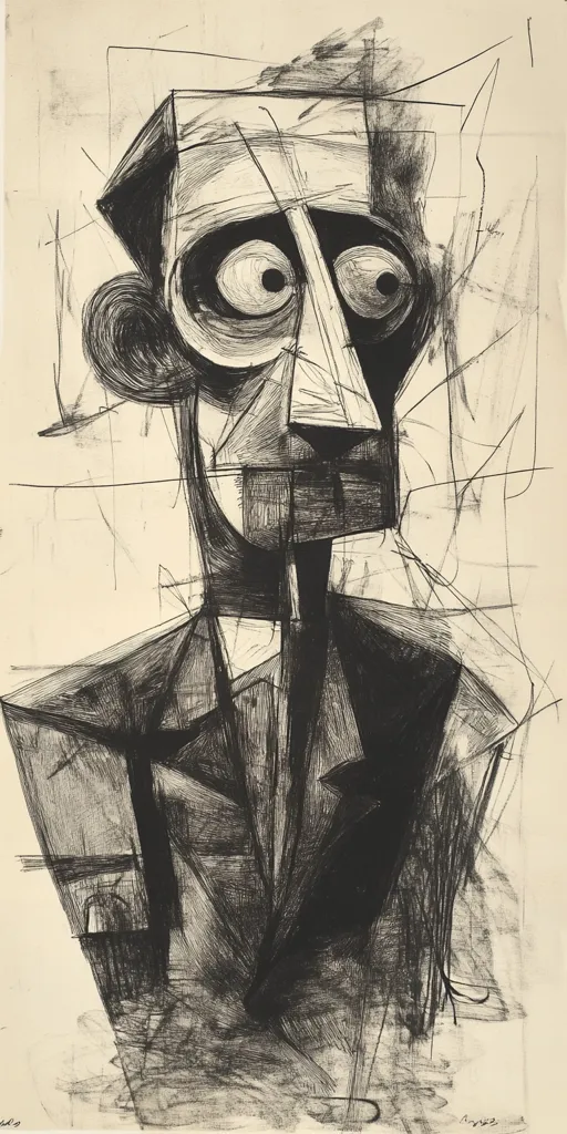 This striking black and white artwork depicts a stylized portrait of a man. The artist employs a Cubist approach, fracturing the figure's face and body into geometric planes and sharp angles. The man's features are exaggerated, with large, expressive eyes and a prominent nose, creating a somewhat unsettling yet captivating effect. The hatching and cross-hatching techniques used in the drawing emphasize depth and texture, adding to the image's overall intensity.  The background is a lighter cream, allowing the stark black lines of the portrait to dominate.