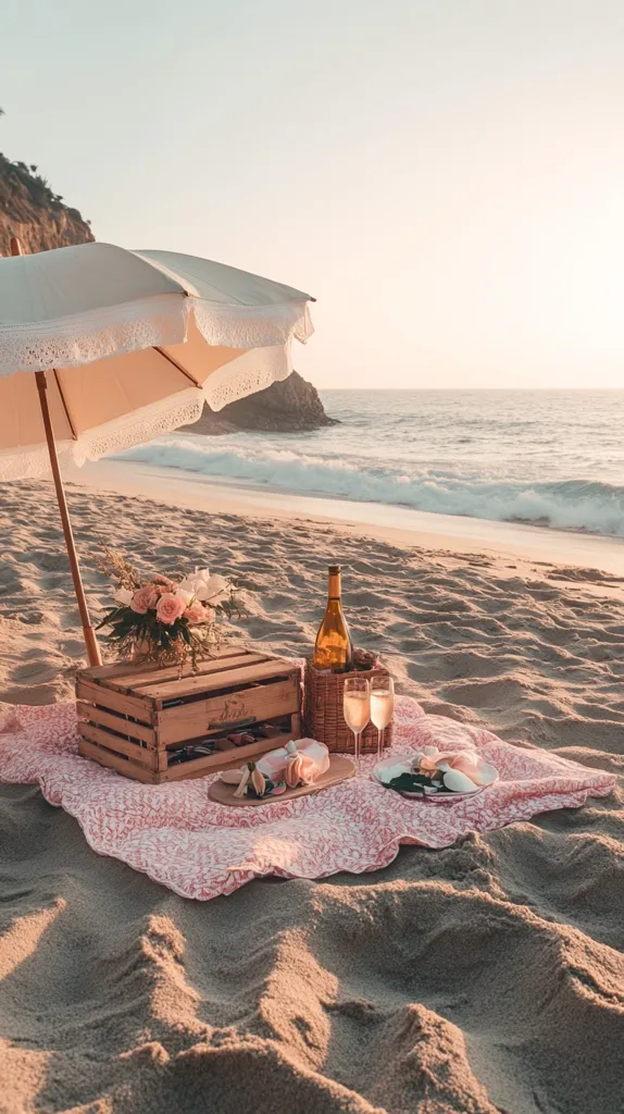 Here's a description of the image:

A romantic beach picnic scene unfolds under a white lace-trimmed parasol on a sandy beach. A wooden crate holds a bouquet of pink roses, while a bottle of wine and two champagne flutes are set on a pink and white patterned picnic blanket. The calm ocean waves gently lap the shore in the background, under a soft, sunset sky. The overall atmosphere is serene and idyllic, suggesting a leisurely and intimate occasion.