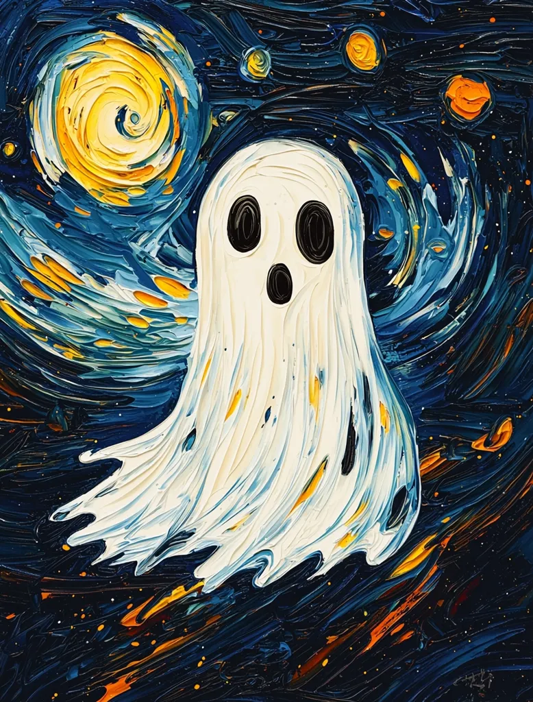 Here's a description of the image:

The artwork is a vibrant, impasto painting in the style of Van Gogh's "Starry Night."  A friendly, cartoonish ghost, rendered in thick white paint, floats centrally against the swirling, dark blue and yellow night sky.  The ghost has simple black eyes and a surprised mouth, contrasting its gentle appearance with the dynamic background.  The artist uses bold brushstrokes and color variations to create a sense of movement and depth, evoking a whimsical and slightly spooky Halloween atmosphere.