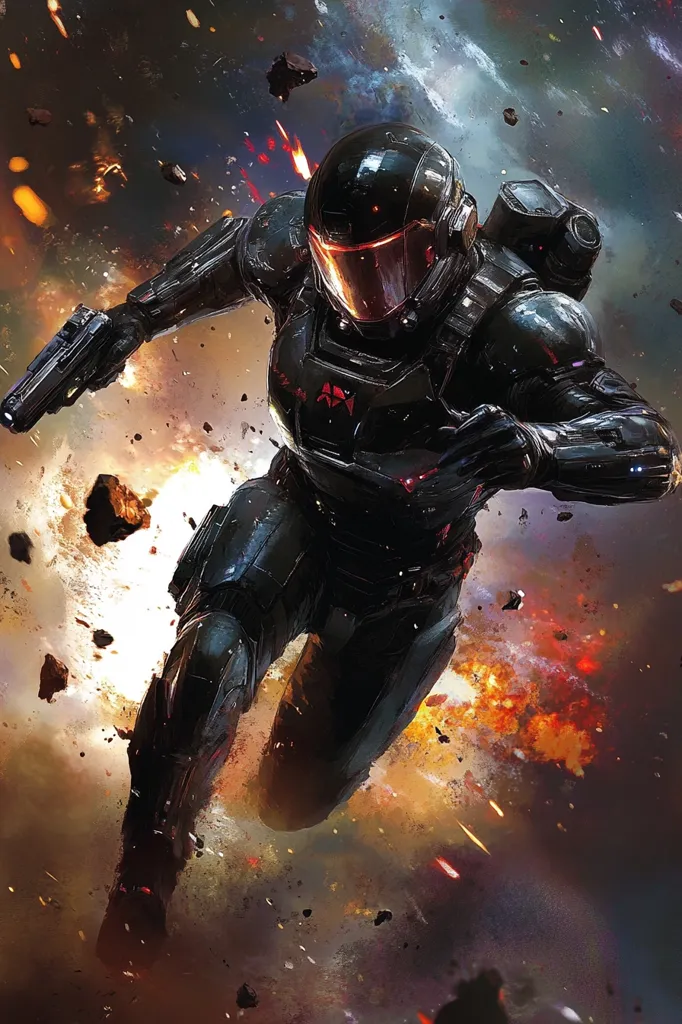 The image depicts a futuristic soldier, clad in dark, sleek armor, running through a chaotic battlefield.  The soldier wields a gun, their helmet's visor reflecting an orange glow.  The background is a vibrant explosion of fire and debris, suggesting intense combat in a possibly space-faring environment.  The overall mood is one of dynamic action and gritty sci-fi warfare. The soldier’s armor displays a small, possibly insignia-like mark.