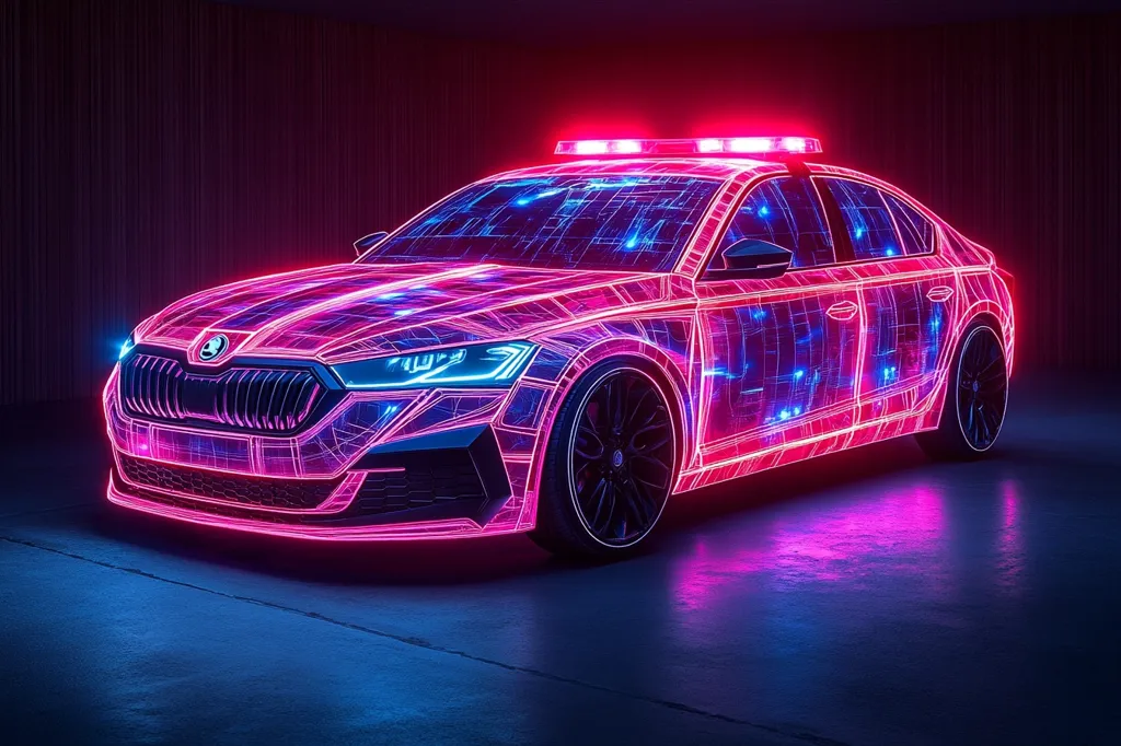 A vibrant, neon-pink and blue Skoda Superb police car is showcased in a dark setting. Its digital outline is emphasized by glowing lines, resembling a circuit board, overlaying the vehicle's body.  Atop sits a flashing red light bar, adding to the futuristic police aesthetic. The car is displayed on a dark, reflective floor, enhancing the overall sleek and technologically advanced presentation. The image uses dramatic lighting and a deep background, focusing entirely on the striking car.