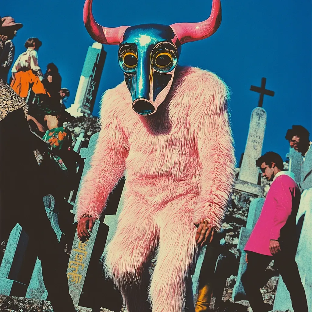 Here's a description of the image:

The photograph centers on a figure in a striking pink, furry jumpsuit and a large metallic bull mask with prominent horns. The mask has a respirator-like feature. The figure stands amidst a graveyard, with tombstones and crosses visible in the background. Other figures, less sharply focused, appear in the background, dressed in 1960s or 1970s-style clothing, suggesting a possibly ceremonial or artistic scene. The overall atmosphere is surreal and slightly unsettling due to the juxtaposition of the whimsical costume with the somber graveyard setting and the bright, contrasting colors.  The bright blue sky provides a stark backdrop.