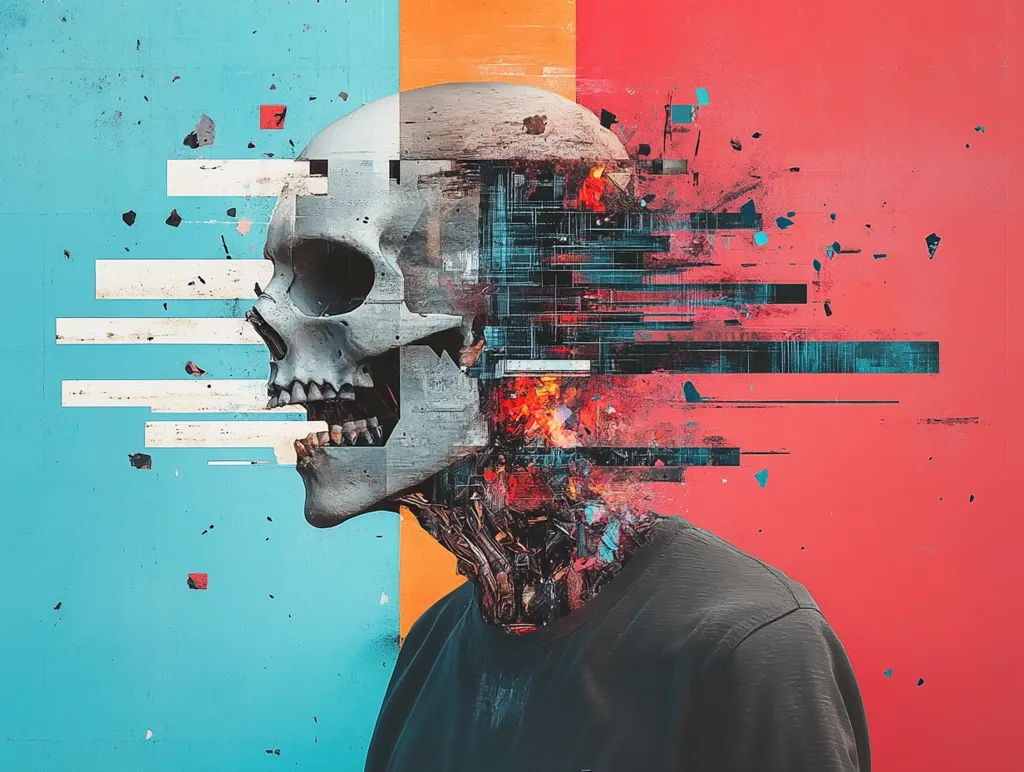 The artwork presents a stylized profile of a skull transitioning into a human figure against a vibrant, abstract background. The skull's right side is intact, while the left disintegrates into fragmented digital elements, showcasing a fiery, technological core.  The background features bold blocks of teal, orange, and crimson, further emphasizing the digital decay. The overall effect is one of surrealism, representing perhaps the intersection of mortality and technology, or the breakdown of identity.