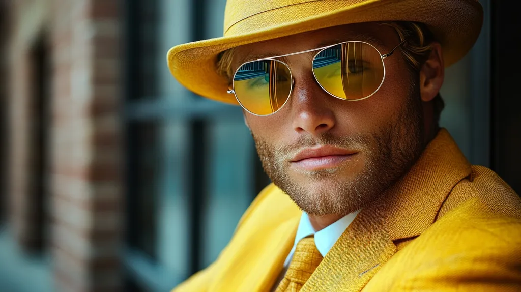 Here's a description of the image:

Close-up portrait of a stylish man with blond hair, wearing a mustard yellow suit, matching fedora hat, and aviator-style sunglasses with amber-tinted lenses.  His expression is serious, almost brooding. The reflection in his sunglasses shows a blurry cityscape. The background is out of focus, suggesting an urban setting. The overall aesthetic is fashionable and sophisticated, with a monochromatic color scheme focused on the yellow tones.