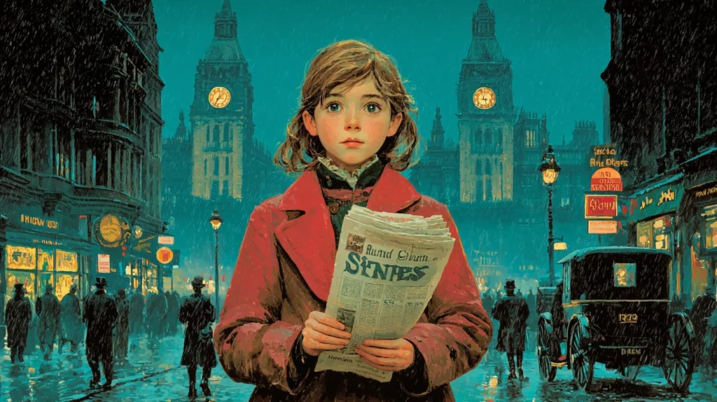 The illustration depicts a young girl, possibly in Victorian-era London, standing on a rain-slicked street at twilight.  She's wearing a red coat and clutching a newspaper titled "Sines" by author "Ruland Graham".  Big Ben and other buildings are visible in the background, under a dark, moody sky. People in period clothing walk past, adding to the atmospheric scene of a bustling city street in the rain. The overall mood is one of mystery and intrigue.