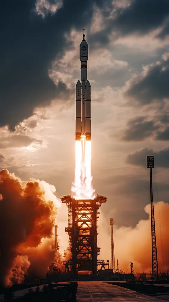 Here is a description of the image in under 100 words:

A majestic rocket, billowing fiery exhaust, ascends against a dramatic twilight sky.  The launch tower, silhouetted against the orange and brown smoke, stands tall.  Clouds fill the sky, providing a contrast to the intense brightness of the rocket's thrust.  The scene is powerful and evocative of space exploration and technological achievement.  In the background, the faint outlines of other structures and lighting equipment are barely visible.