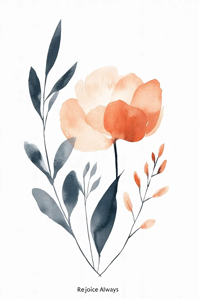 Here's a description of the image:

The image is a watercolor painting of a stylized floral arrangement. A large, peach and burnt orange flower dominates the center, rendered in soft, blended washes of color.  Surrounding it are several slender stems with delicate, dark bluish-gray leaves, creating a sense of balance and asymmetry.  Smaller, muted orange buds are interspersed among the leaves, adding textural depth. The overall style is minimalist and elegant, conveying a calm and peaceful mood. The words "Rejoice Always" are subtly placed at the bottom.