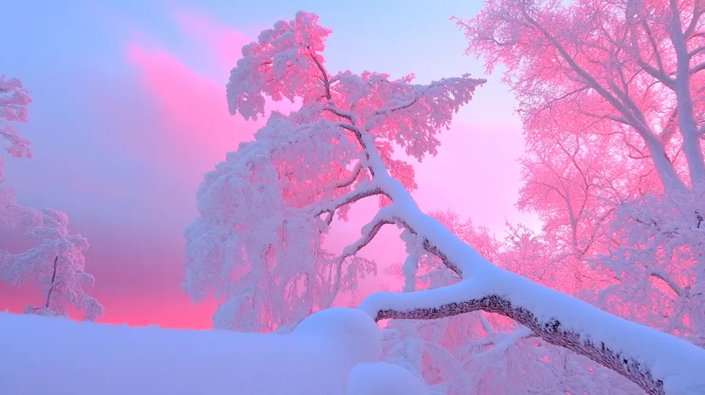 Here's a description of the image:

The photograph captures a breathtaking winter scene.  Snow-laden trees, draped in thick layers of pristine white, dominate the frame.  A large, leaning tree forms the central focus, its branches heavy with snow, creating a delicate, almost ethereal effect. The background reveals a soft, pastel sky, transitioning from a pale blue to vibrant pink hues near the horizon, enhancing the dreamlike quality of the image. The overall mood is peaceful and magical, suggesting a serene winter wonderland.