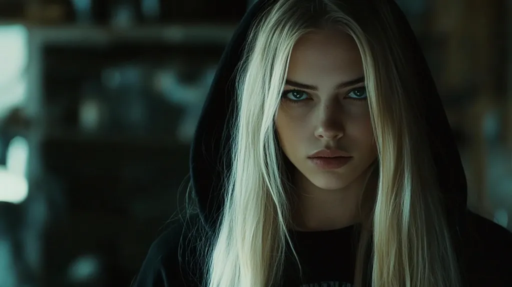Here's a description of the image:

The photograph features a young woman with long, platinum blonde hair cascading down her shoulders.  She's wearing a dark hoodie, which frames her face. Her expression is serious, almost defiant, with piercing light-colored eyes that directly engage the viewer. The background is dark and out of focus, drawing attention to the subject's intense gaze and creating a moody, mysterious atmosphere. The overall lighting is low-key, enhancing the dramatic effect. The image suggests strength, mystery, and a hint of rebellion.