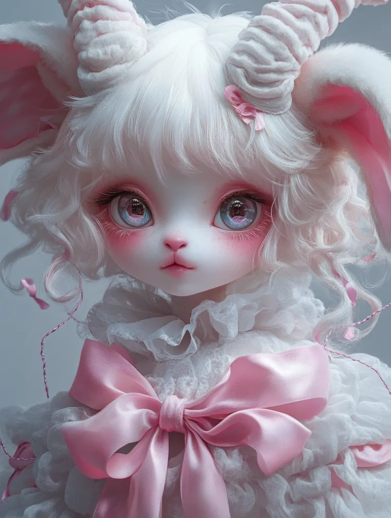 The image shows a close-up of a meticulously crafted doll.  It has a lamb-like appearance, with fluffy white hair, soft pink ears, and small, curled horns.  Large, expressive eyes with purple accents and rosy cheeks add to its charming demeanor. The doll is dressed in a delicate, white lace dress adorned with a large, light pink satin bow, enhancing its sweet and ethereal aesthetic. The overall impression is one of delicate beauty and whimsical charm.