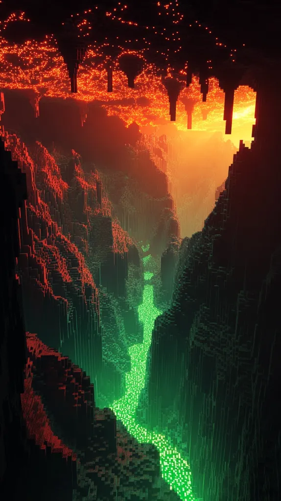 A digital rendering depicts a cavernous chasm.  The walls are a stark, blocky texture, predominantly dark green and reddish-brown. A glowing, luminous green river flows through the center of the gorge, leading the eye towards a distant, orange-hued light source.  The ceiling is a fiery, lava-like expanse with dripping stalactites, contrasting sharply with the cool green below.  The overall effect is otherworldly and surreal, suggesting a fantastical or futuristic landscape.