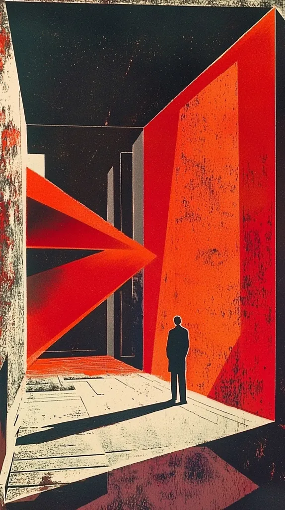 Here's a description of the image:

The artwork presents a stark, geometric composition dominated by vibrant orange and deep black. A lone, silhouetted figure in a suit stands centrally, their shadow stretching across a pale floor.  The architectural elements are angular and abstract, with bold, red planes intersecting and creating a sense of depth and perspective within a seemingly enclosed space. The style is reminiscent of mid-20th century modernism, with a textured, almost distressed appearance that adds to its visual intrigue.  The overall mood is one of isolation and contemplation, heightened by the contrast between the figure's small scale and the powerful, dominating architectural forms.