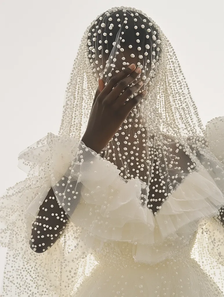 Here's a description of the image:

The photograph showcases a person, likely a model, adorned in a stunning, pearl-embellished wedding dress and veil. The veil is sheer, intricately covered in small pearls, completely obscuring the model's face except for one hand, which gently covers the lower half of their face.  The dress features voluminous, ruffled sleeves and a bodice, mirroring the pearl detailing of the veil. The overall effect is one of elegant mystery and ethereal beauty, emphasizing texture and light. The background is a simple, bright white, drawing focus to the intricate details of the bridal attire.