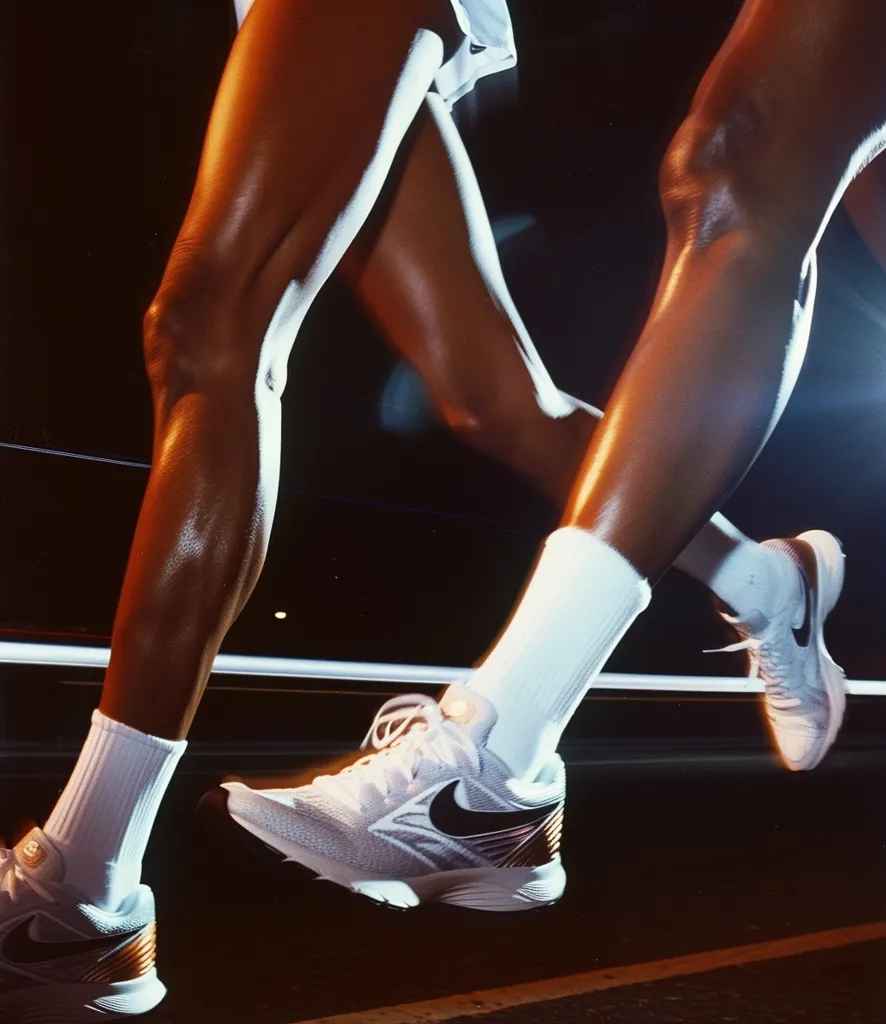 Here's a description of the image:

The photograph captures a dynamic low-angle close-up of two pairs of toned brown legs mid-stride, suggesting a running motion.  The runners wear white ankle socks and white and black Nike running shoes. The lighting is dramatic, with highlights emphasizing the muscles and sweat on the legs, creating a sense of motion and energy. The background is dark and blurred, drawing focus to the legs and shoes. The overall feel is vibrant, athletic, and stylish.