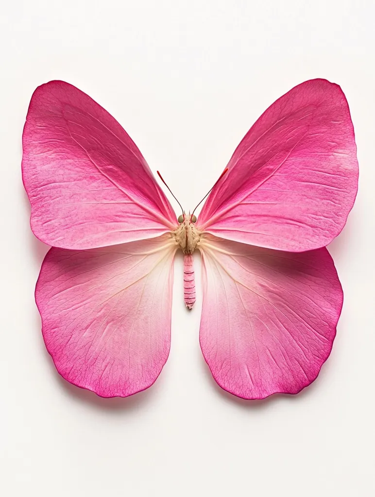 A vibrant pink butterfly, possibly created from pressed flower petals, is displayed against a stark white background. Its wings are delicately veined, showcasing a gradient of pink shades from a deeper hue at the edges to a lighter, almost pastel tone at the center. The body is subtly detailed, creating a striking contrast against the intense pink of the wings. The overall effect is one of delicate beauty and artistic creativity.