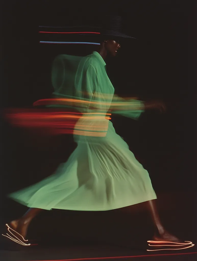 A striking image captures a woman in motion, her form blurred by a long exposure.  She wears a light green, flowing dress and a wide-brimmed hat, her dark skin contrasting against the garment. Streaks of vibrant orange and red light suggest movement through a nighttime setting. The effect is both ethereal and dynamic, conveying a sense of speed and freedom.  Her sandals are barely visible, adding to the overall feeling of fleeting movement.